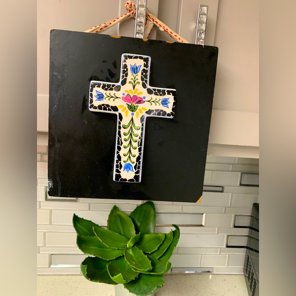 Mexican ceramic hand painted cross